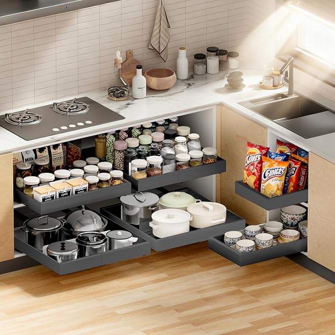 1 Pack Pull out Cabinet Organizer Expandable Width(12"-20") and 21"Depth, No Drill Adjustable Slide Out Drawers for Kitchen