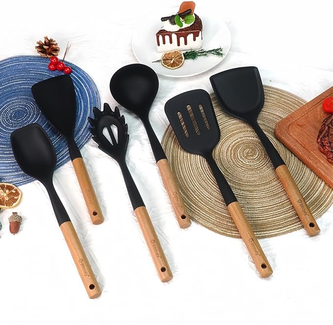 Large Silicone Kitchen Utensils Set, 6 PCS Nonstick Cooking Utensils Set with Wooden Handle, Heat Resistant and BPA Free Silicone Utensil Spatula Set for Cooking with Turner, Spoon and Ladle(Black)