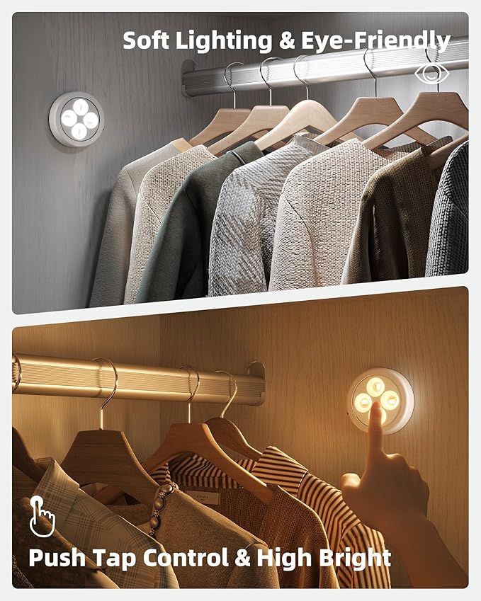 EZVALO LED Puck Lights, Rechargeable Battery Touch Light, 2.5'' Mini Tap Lights, Wireless Closet Light, Under Cabinet Lighting, 3 Color Temps, Stick On Lights Kitchen,Closet,Pantry(2 Pack)
