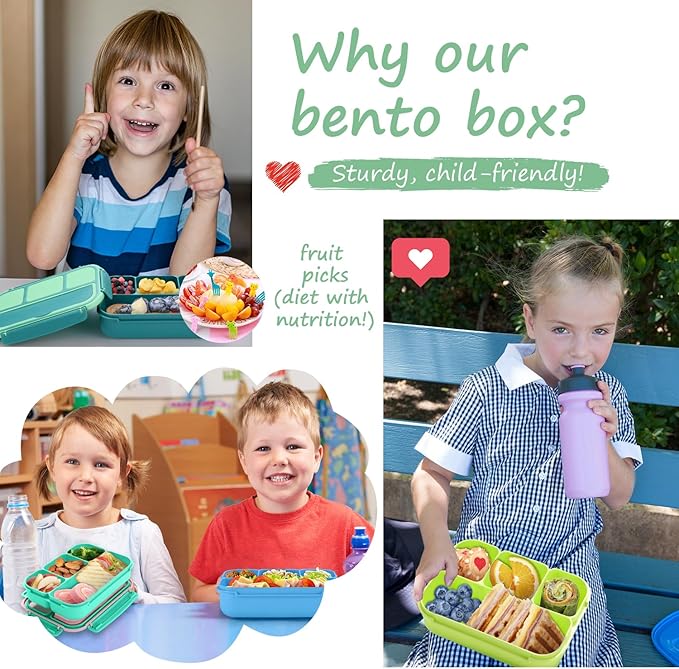 QQKO Bento Box for Kids Adults, School Toddler Lunch Box for Boys Girls, Lunch Box Containers with 4 Compartments, Sauce Container, Utensils