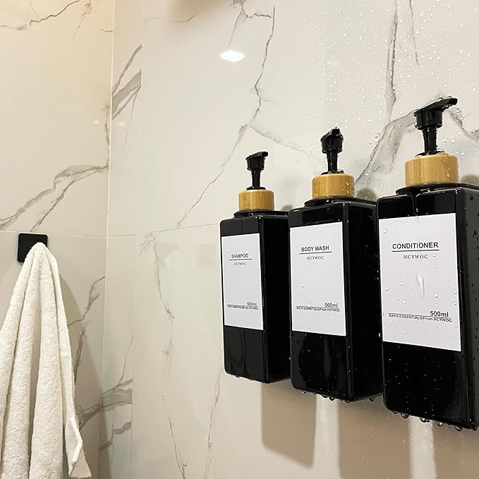 Shampoo Dispenser for Shower Wall, Shampoo and Conditioner Dispenser with 16 Waterproof Labels, No Drill Shower Soap Dispenser Bathroom, Shower Soap Dispenser Wall Mounted, 17oz, Bamboo(Black)