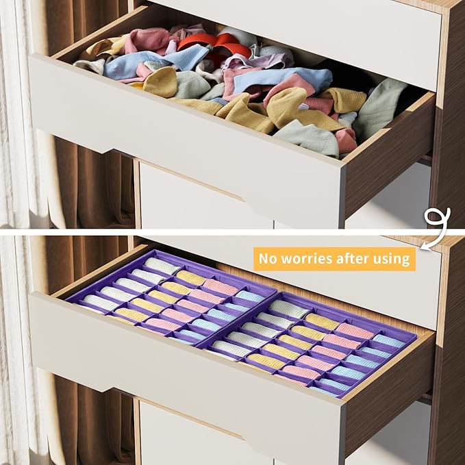Joyoldelf Sock Drawer Organizer Divider 2 Packs Underwear Organizer, 24 Cell Closet Organizers and Storage Organizer Sock Holders Organizers for Storing Socks, Handkerchiefs, Ties, Belts (Purple)