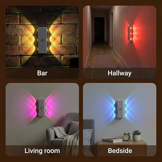 Motion Sensor Wall Light, Peel and Stick On Sconces Set of 2, Rechargeable Wireless No Drill Indoor Lamp with Remote, RGB Dimmable Magnetic Mount for Hallway Stair Bedroom Closet