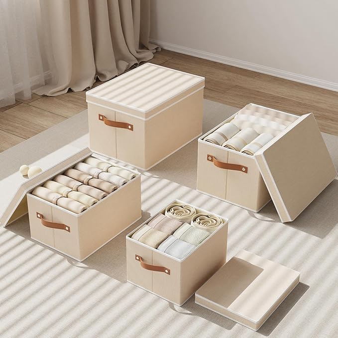 Storage Boxes with Lids, 10.2×7.8×6.7 Inch Storage Baskets, Closet Organizers for Shelves Organizing with Handles, Beige, 5-Pack