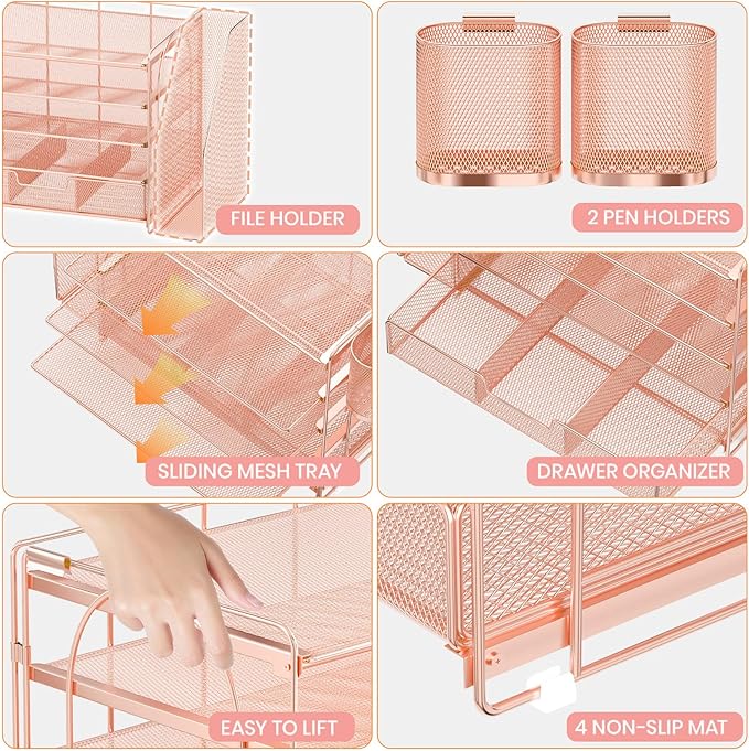 Desk Organizer, 5-Tier Paper File Organizer with Drawer & Pen Holder, Rose Gold