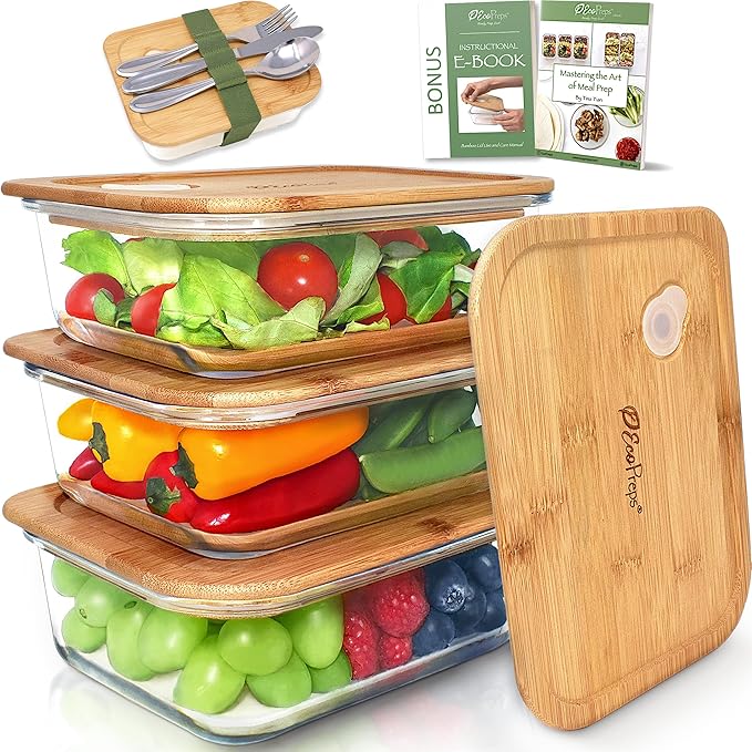 EcoPreps Glass Meal Prep Containers with Bamboo Lids (3 Pack) - 100% Plastic Free, Eco-Friendly Lunch Containers, Bamboo Lid Storage Container Set