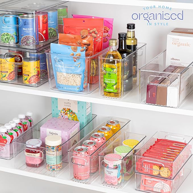 Plastic Food Storage 8 Pack Clear Container Bin with Handles for Organizing Kitchen, Pantry, Refrigerator, Freezer, Pantry, Cabinet, Closet