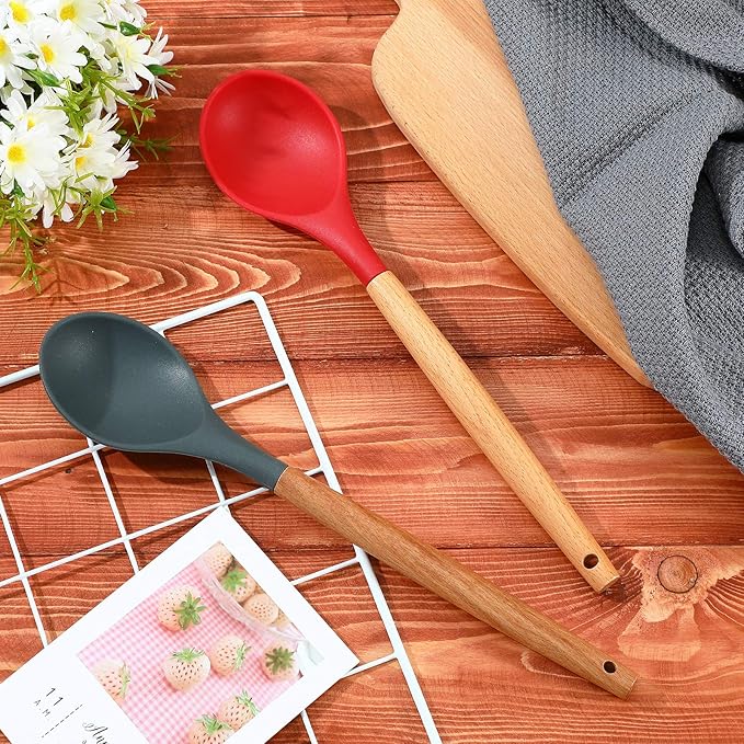 Patelai 2 Pieces Silicone Nonstick Mixing Spoon Kitchen Cooking Spoons Serving Spoon with Wooden Handle Heat Resistant Utensil Spoons for Mixing, Baking, Serving and Stirring(Red, Gray)