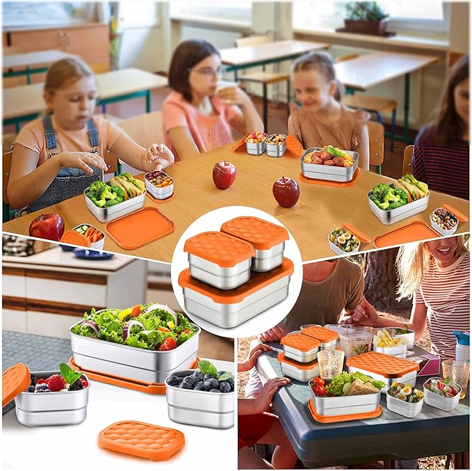 Homikit 3 Pack Kids Lunch Box Set, 18/10 Stainless Steel Bento Boxes with Silicone Lids Leak Proof