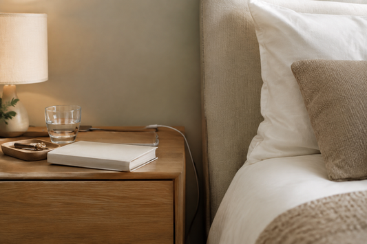 Uncluttered bedside table with a book, water glass, and small tray.