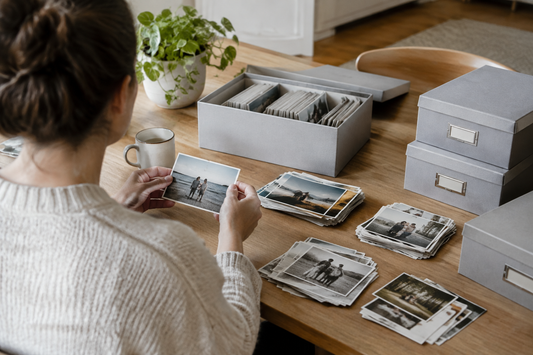 Photo storage boxes and printed photographs arranged on a wooden table.