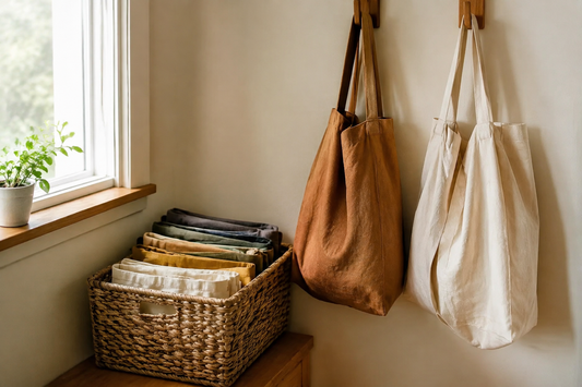 Folded reusable shopping bags in a basket with totes on wall hooks.