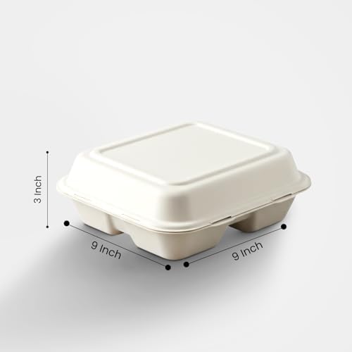 Pack of 200 9x9 3-Compartment Bagasse Clamshell Box Eco-Friendly Biodegradable Microwave & Freezer Safe Ideal for Takeaway Catering & Events Sustainable Disposable Food Container
