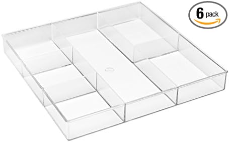 Whitmor Clear 6-Section Drawer Organizer | For Makeup & Accessories | Sturdy Resin | 11.9 x 11.9 x 1.7 Inches | Pack of 6