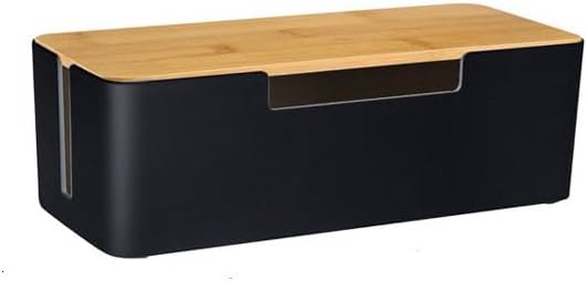 ABS Cord Organizer Box with Wooden Lid, Cable Management Box for Power Strips or Surge Protectors, Desk Cable Tidy Box for Office Home(Black)