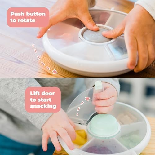Kids Small Snack Spinner Flip Bundle with Hand Strap and Sticker Sheet - Reusable Snack Container with 5 Compartment Dispenser and Lid | BPA/PVC Free | Dishwasher Safe | No Spill- Mint Green