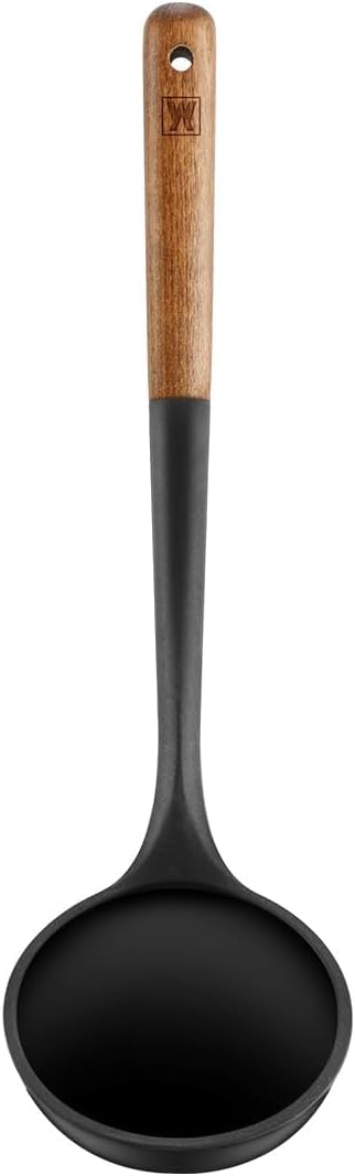 Cooking Ladle: Silicone Kitchen Utensil with Long Wooden Handles, Heat Resistant Cookware, Protects Surfaces with Gentle Head Design, Portion Batter, Professional Chef Wok Soup Ladle