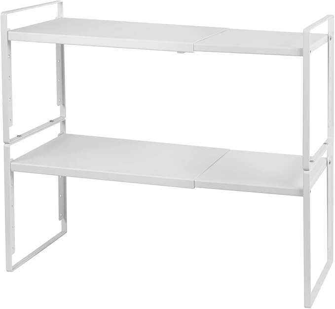 Nxconsu 2Pack Cabinet Shelf Organizer Expandable 5 Heights Adjustable Stackable Rack Riser for Kitchen Pantry Cupboard Under Sink Organization Storage Space Saver Heavy Duty Metal White Large