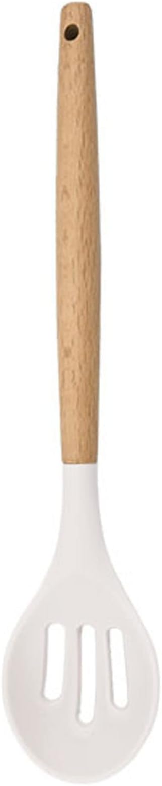 1pc White Silicone Slotted Spoon with Wooden Handle, Heat Resistant Cooking Utensils, Mixing Spoon, Cooking Backing Spoons Set for Stirring, Mixing and Serving