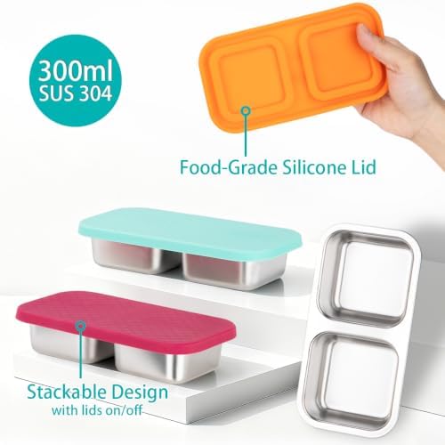 3 Pack Stainless Steel Snack Containers with Lids - 2 Compartment