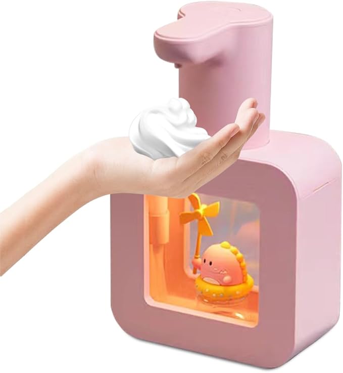 Cute Automatic Foam Soap Dispenser for Kids - Waterproof USB Rechargeable Hand-Free 13.5oz - Pink Dinosaur for Bathroom, Kitchen, Office, School - Children's Birthday Gift
