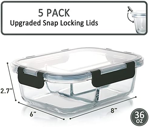 5 Pack,36 oz, 3 Compartments Glass Meal Prep Containers with Lids
