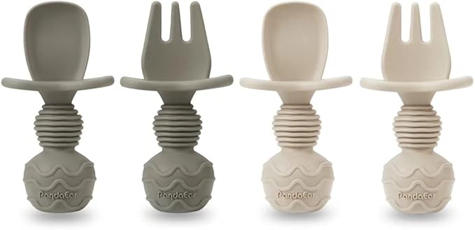 PandaEar Silicone Baby Feeding Set| 2 Pack Silicone Divided Suction Plate and 2 Pack Tiny Cup with 2 Spoons 2 Forks| Baby Led Weaning Supplies Self Feeding Eating Utensils (Light Tan/Walnut)