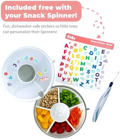 Kids Small Snack Spinner Flip Bundle with Hand Strap and Sticker Sheet - Reusable Snack Container with 5 Compartment Dispenser and Lid | BPA/PVC Free | Dishwasher Safe | No Spill- Mint Green