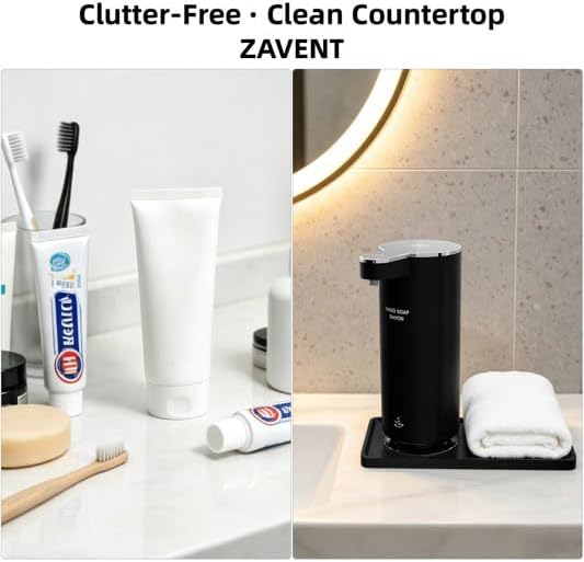 ZAVENT™ Touchless Automatic Soap Dispenser with Compact Black & White Organizer Tray for Kitchen & Bathroom Countertop, Stainless Steel Sensor Dispenser, Modern Design