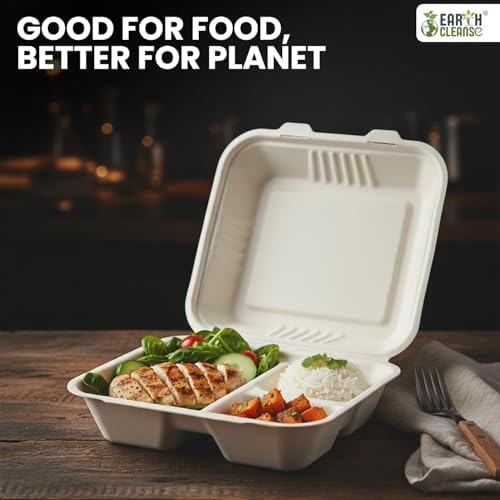 Pack of 200 9x9 3-Compartment Bagasse Clamshell Box Eco-Friendly Biodegradable Microwave & Freezer Safe Ideal for Takeaway Catering & Events Sustainable Disposable Food Container