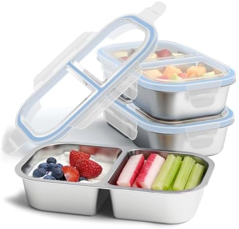 3 Pack Stainless Steel Snack Containers, 2 Compartment Reusable Metal Snack Boxes Containers with Leak-Proof Lids, Compact Lunch Box Food Storage Container