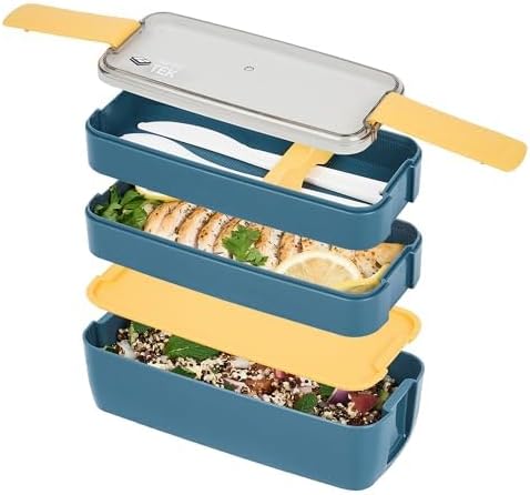 Restaurantware Bento Box 1 Count 30 Ounce Plastic Lunch Box Stackable With Cutlery, Leakproof Microwave-Safe Meal Prep Container Stackable Blue