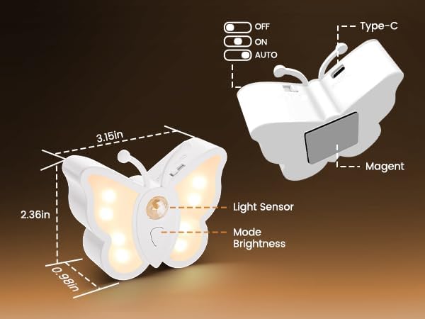 LOFTEK Rechargeable Motion Sensor Night Light, RGB Color Changing & Dimmable Butterfly Night Light for Kids, Wireless Stick on Wall, Bedside, Bathroom, Hallway, Stairs, Cabinet, Black
