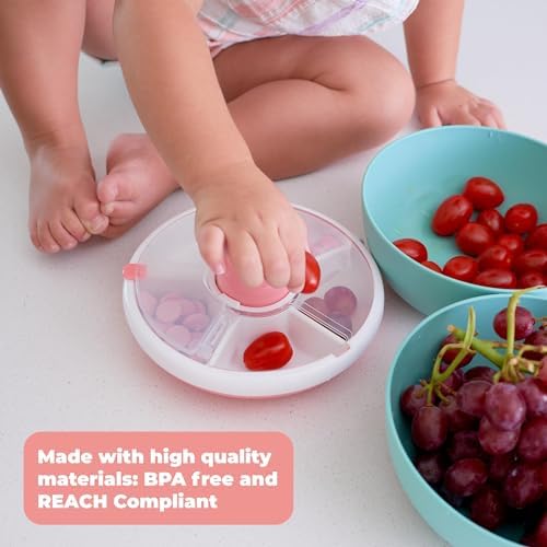 Kids Small Snack Spinner Flip Bundle with Hand Strap and Sticker Sheet - Reusable Snack Container with 5 Compartment Dispenser and Lid | BPA/PVC Free | Dishwasher Safe | No Spill- Mint Green