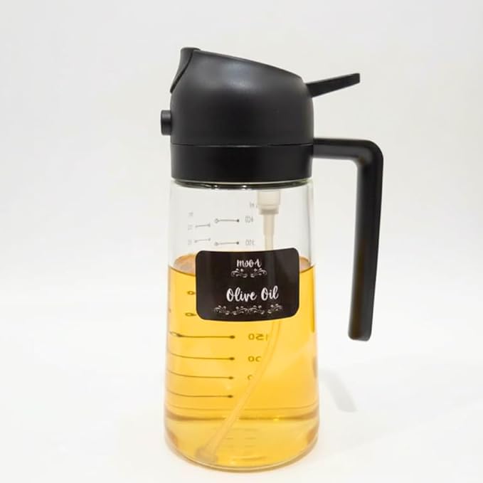 M2OA Glass Oil Sprayer with Dual Function, Green, 16oz/470ml, Premium BPA-Free Oil Dispenser Bottle for Cooking, Scales to keep track of measure, Salad, BBQ (Black)