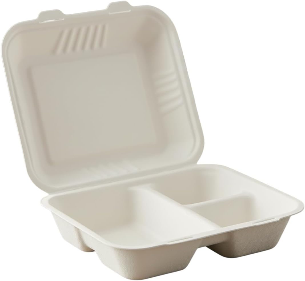 Pack of 200 9x9 3-Compartment Bagasse Clamshell Box Eco-Friendly Biodegradable Microwave & Freezer Safe Ideal for Takeaway Catering & Events Sustainable Disposable Food Container