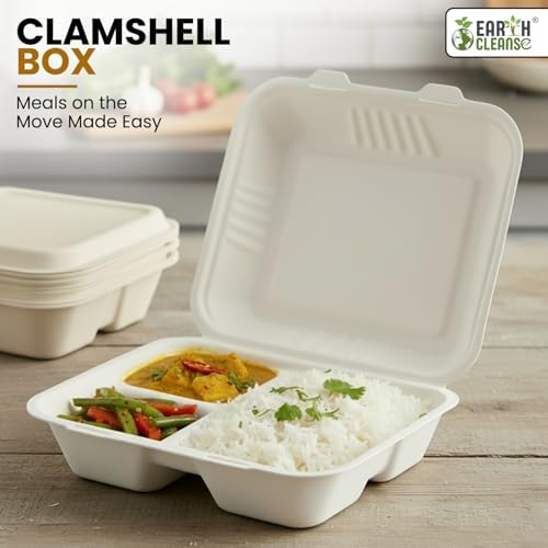 Pack of 200 9x9 3-Compartment Bagasse Clamshell Box Eco-Friendly Biodegradable Microwave & Freezer Safe Ideal for Takeaway Catering & Events Sustainable Disposable Food Container