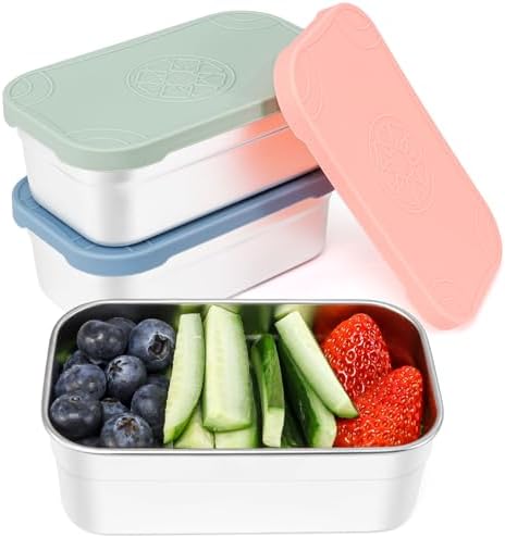 3-Pack Large Stainless Steel Snack Containers with Silicone Lids - 15oz Reusable Small Food Storage Deli Containers for Snacks & Meal Prep, Leak-Proof, Easy Open & BPA-Free (440ML)