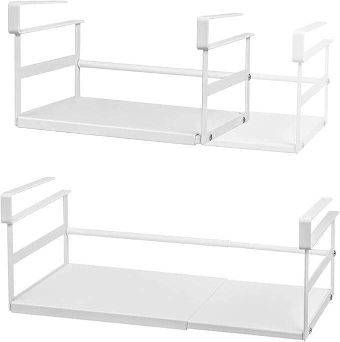 Under Shelf Storage Basket, 2 Pack Hanging Baskets Under Cabinet Shelf Organizer, Expandable Add-On Space Saver Pantry Kitchen Bookshelf Cupboard Slide-in White Heavy-Duty