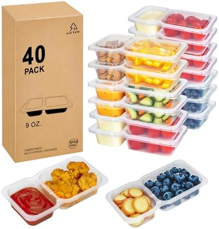 Reusable Snack Containers with Lids, 9 oz Double Compartment Plastic Snack Pack Containers Portion Control Meal Prep Snack Boxes BPA Free 40 Sets for Work Travel School