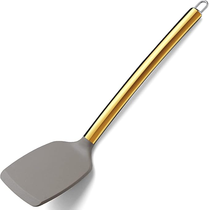 Berglander Non-stick Silicone Solid Turner, Titanium Gold Plating handle, Barbecue Spatula for Cooking, Dishwasher Safe, Easy to Clean