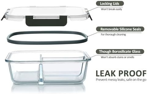 5 Pack,36 oz, 3 Compartments Glass Meal Prep Containers with Lids