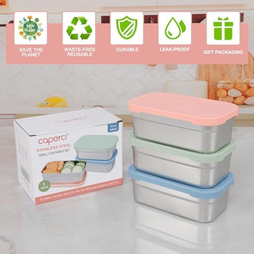 3-Pack Large Stainless Steel Snack Containers with Silicone Lids - 15oz Reusable Small Food Storage Deli Containers for Snacks & Meal Prep, Leak-Proof, Easy Open & BPA-Free (440ML)