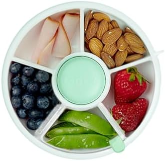 Kids Small Snack Spinner Flip Bundle with Hand Strap and Sticker Sheet - Reusable Snack Container with 5 Compartment Dispenser and Lid | BPA/PVC Free | Dishwasher Safe | No Spill- Mint Green