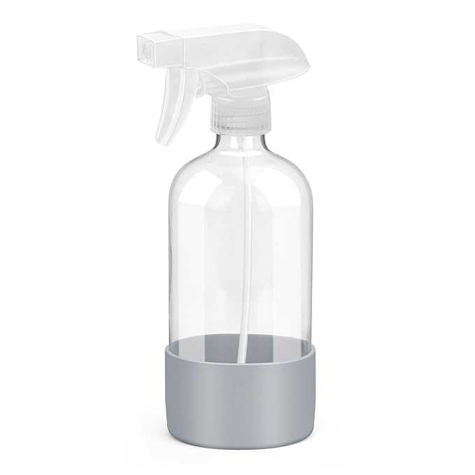 Rionisor Glass Spray Bottles with Silicone Sleeve Protection, Empty 16 oz Refillable Containers, Reusable Spray Bottles with Adjustable Nozzle for Hair, Cleaning Solutions, Essential Oils 1 Pack Grey