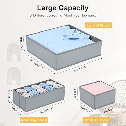 DIMJ Drawer Organizer Clothes, 12 Pack Dresser Organizer, Foldable Closet Organization and Storage Dividers, Fabric Dresser Drawer Organizers for Underwears, Nursery, Baby Clothes, Socks, Tie (Grey)