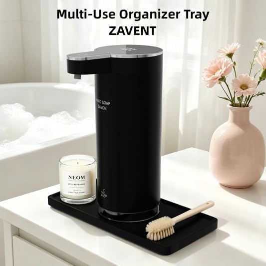 ZAVENT™ Touchless Automatic Soap Dispenser with Compact Black & White Organizer Tray for Kitchen & Bathroom Countertop, Stainless Steel Sensor Dispenser, Modern Design