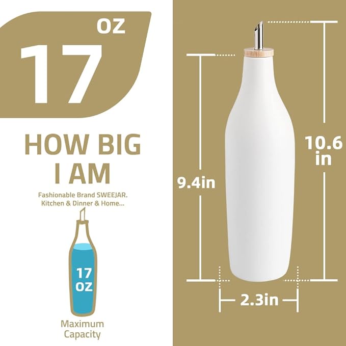 Sweejar Matte Ceramic Olive Oil Dispenser Bottle with Spout, 17 Oz Oil Dispenser for Kitchen Counter, Opaque Oil Cruet for EVOO, Vinegar, Avocado Oil Container for Cooking, Pack of 1 (Black)