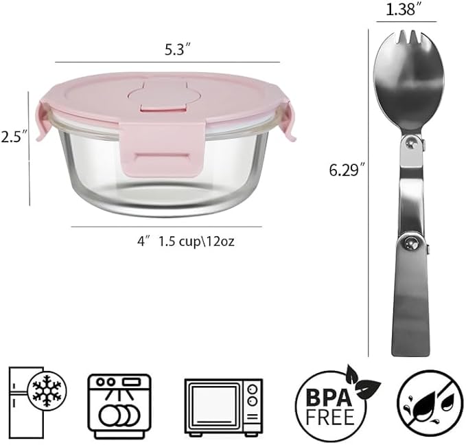 1.5 Cup Round Glass Food Containers with Lids and Folding spoon, Round Small Food Containers with lids, 12OZ Glass Lunch Bowls for Office Meals, Microwave, Freezer, Dishwasher Safe (4 Pack)