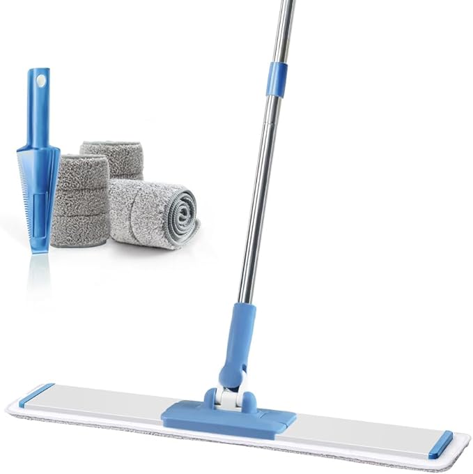 CQT Commercial Flat Microfiber Floor Mop Cleaning System 24" Inch Wet Dry and Dust Hardwood with 4 Washable Pads Cleaner for Laminate Tile Stainless Steel Handle and Extension (Blue)